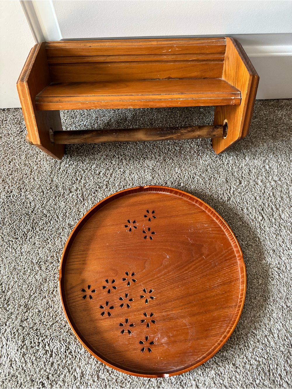 Wooden Vintage Towel Holder & Round Tray -Warm Brown